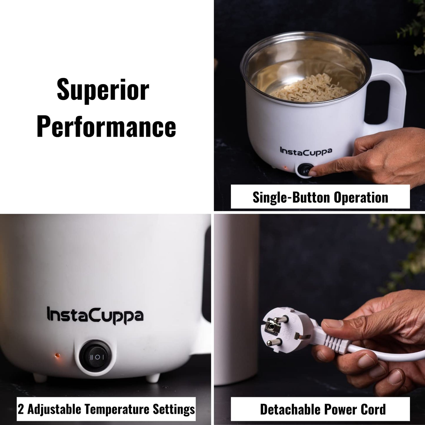 InstaCuppa 3-in-1 Multi Cook Kettle with Steamer, 1.2 L Inner Pot, Adjustable Temperature Settings, Wide Mouth, Ideal for Boiling Milk, Tea, Coffee, Eggs & Steaming Veggies, 600 Watts, Elegant White