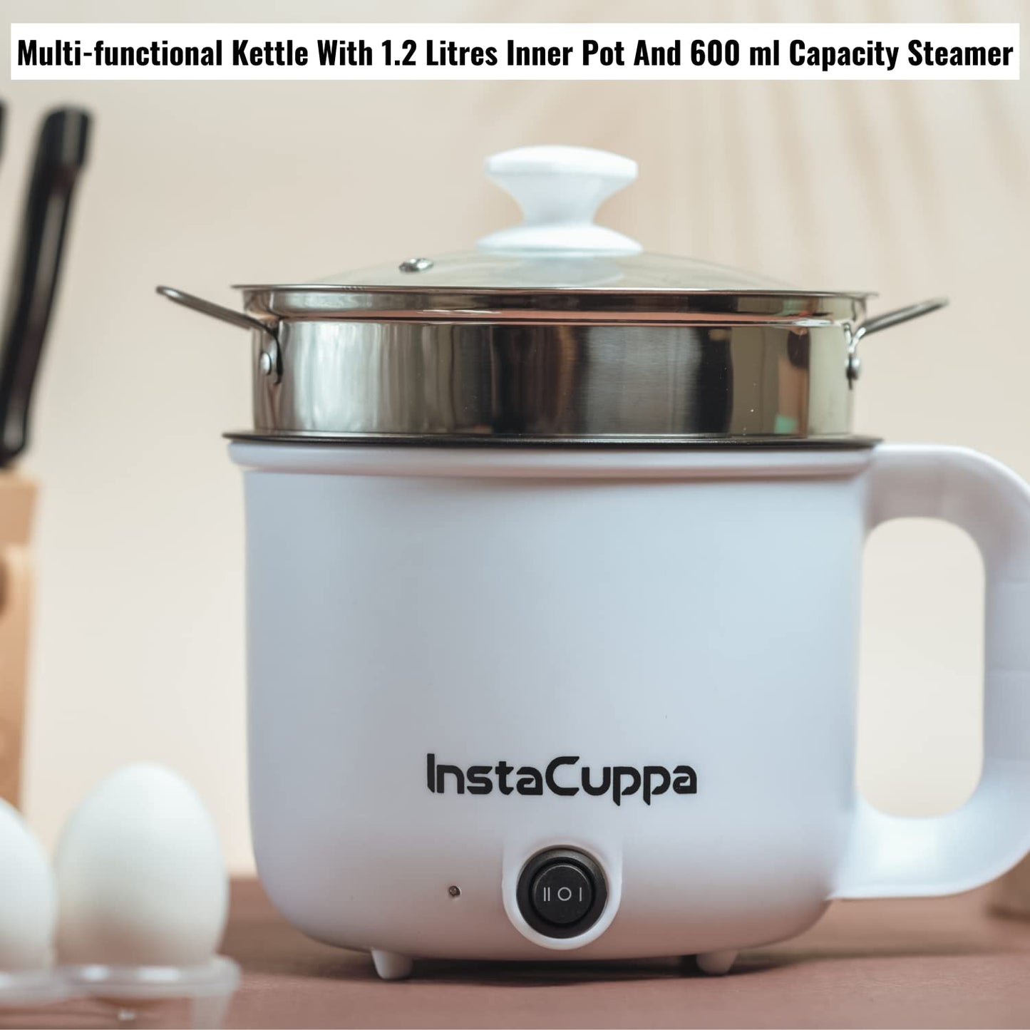 InstaCuppa 3-in-1 Multi Cook Kettle with Steamer, 1.2 L Inner Pot, Adjustable Temperature Settings, Wide Mouth, Ideal for Boiling Milk, Tea, Coffee, Eggs & Steaming Veggies, 600 Watts, Elegant White