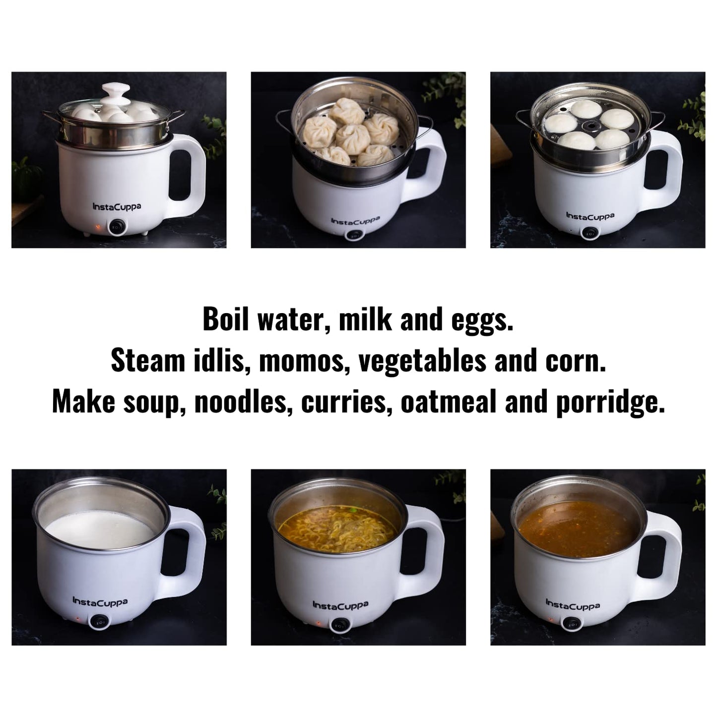InstaCuppa 3-in-1 Multi Cook Kettle with Steamer, 1.2 L Inner Pot, Adjustable Temperature Settings, Wide Mouth, Ideal for Boiling Milk, Tea, Coffee, Eggs & Steaming Veggies, 600 Watts, Elegant White