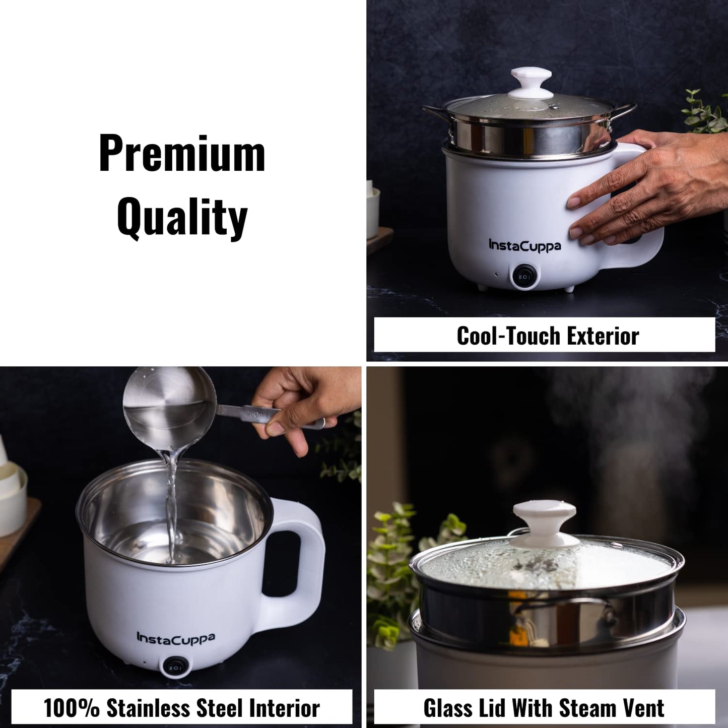 InstaCuppa 3-in-1 Multi Cook Kettle with Steamer, 1.2 L Inner Pot, Adjustable Temperature Settings, Wide Mouth, Ideal for Boiling Milk, Tea, Coffee, Eggs & Steaming Veggies, 600 Watts, Elegant White
