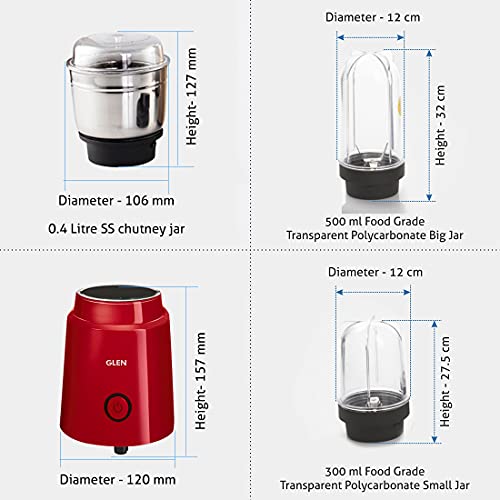 GLEN Polycarbonate 4048 Active Blender Juicer Grinder 350 W Red With 3 Interchangeable Jars 2 Years Warranty, Red (Isi Certified), 350 Watt