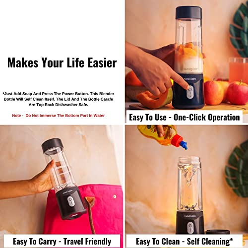 InstaCuppa Portable Blender for Smoothie, Milk Shakes, Crushing Ice and Juice, USB Rechargeable Battery with 4000 mAh 230 Watts Motor, 500 ML, built-in Jar, Black (Stainless Steel Blades)
