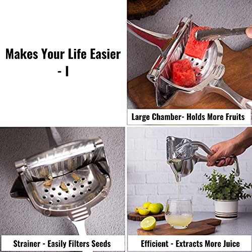 InstaCuppa Manual Press Hand Fruit Juicer with Removable Strainer, Heavy Duty Aluminium Build, Hand Fruits Squeezer for Pomegranates, Lemons, Oranges