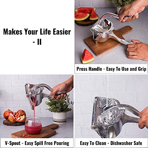 InstaCuppa Manual Press Hand Fruit Juicer with Removable Strainer, Heavy Duty Aluminium Build, Hand Fruits Squeezer for Pomegranates, Lemons, Oranges