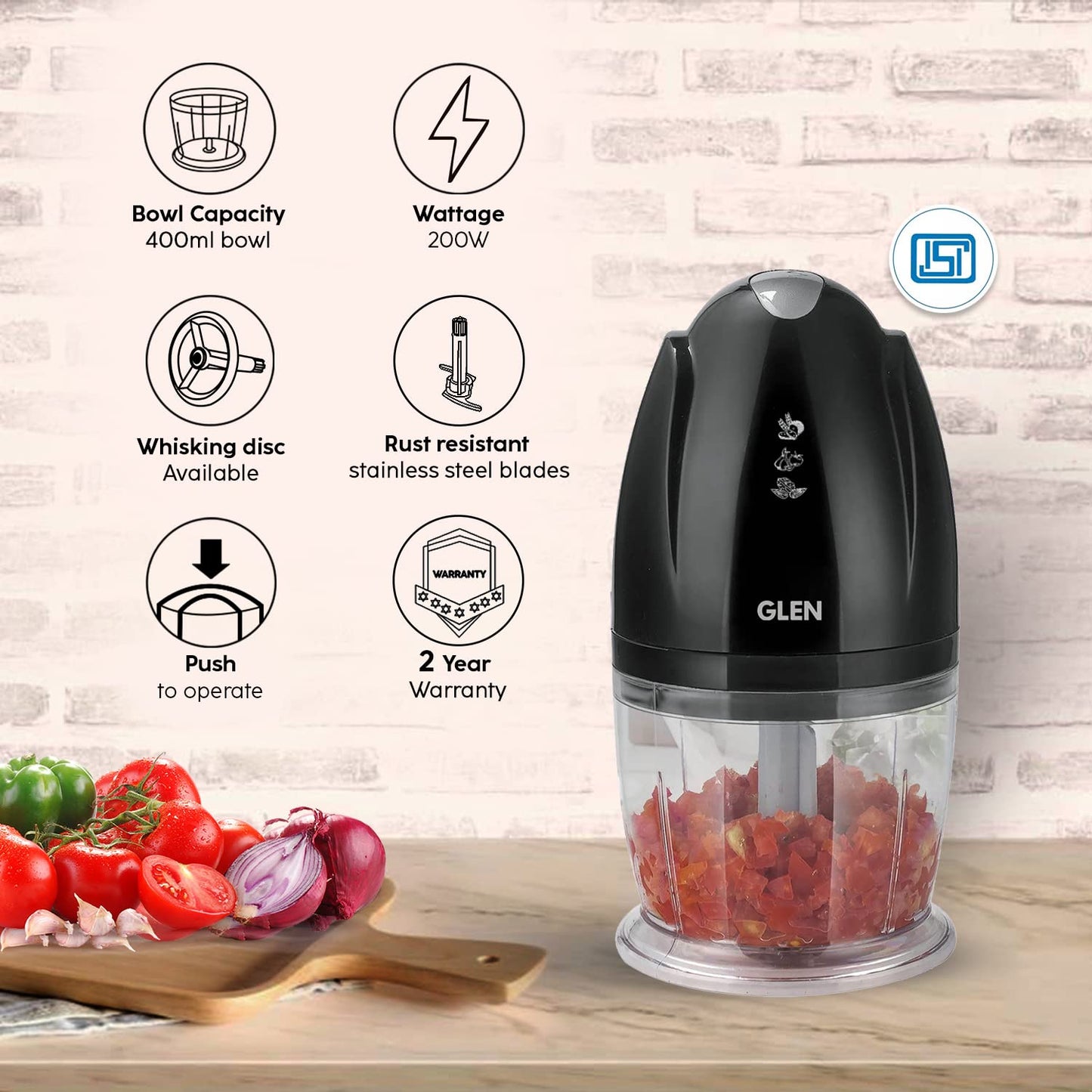 GLEN Electric Chopper 400ml Bowl, 200 Watts Black SA4041MCBL (2 Years Warranty)