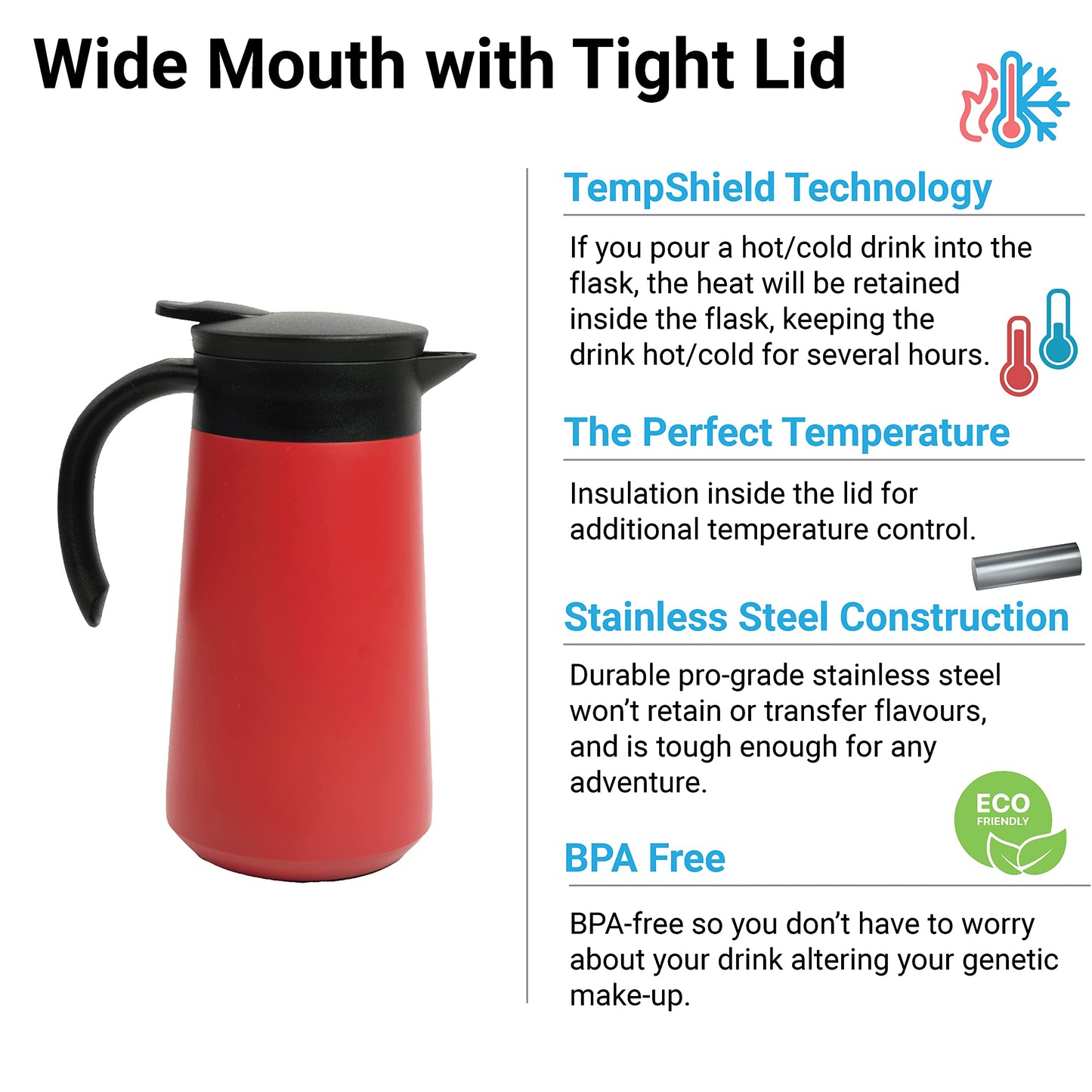 Femora Stainless Steel Vacuum Teapot Flask 750ML, Thermosteel Carafe, Hot and Cold Upto 20hrs, Dual Insulation with Cup Shape Lid, Leak and Rust Proof, (Red)