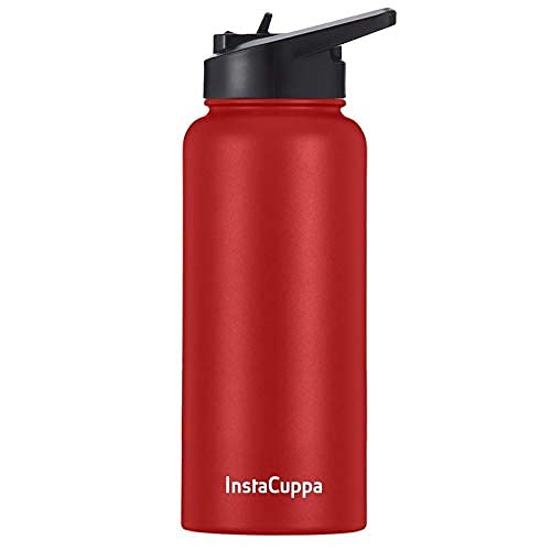 InstaCuppa Thermos Bottle with Straw Lid, Double-Wall Thermos Flask, Vacuum Insulated Stainless Steel | Retains Hot and Cold Temperatures (650 ML, Red)