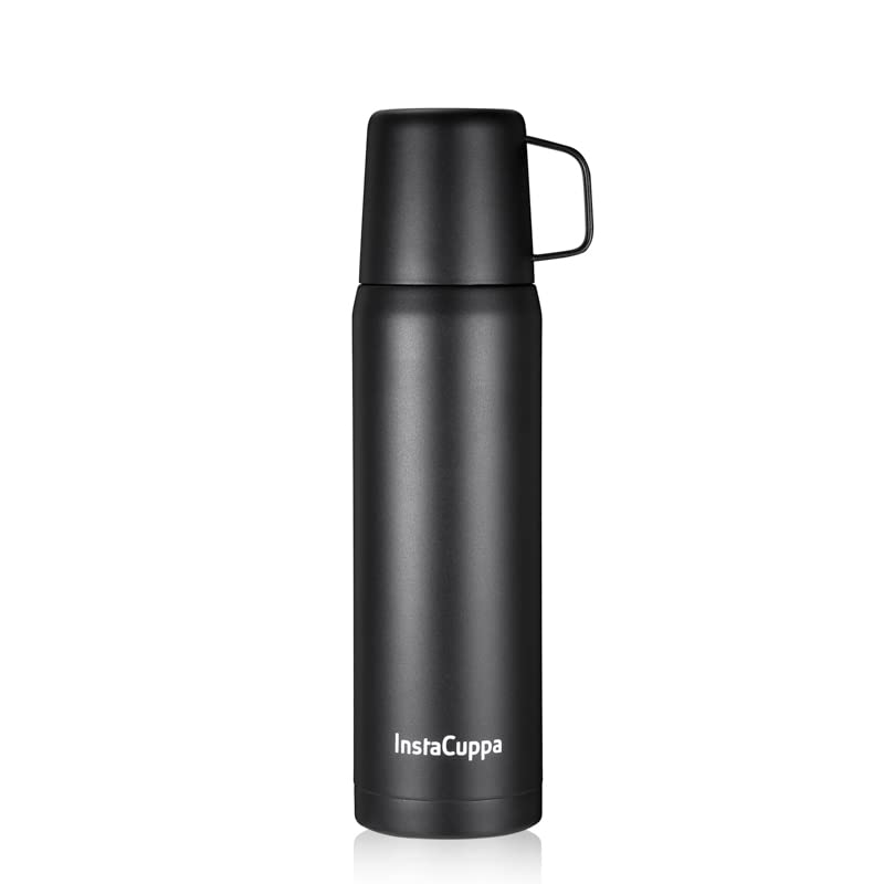 InstaCuppa Thermos Flask with Stainless Steel Mug and Twist Pour Stopper Screw Lid, Double Walled Vacuum Insulated Beverage Bottle, Premium Matte Finishing, (700 ML, Black)