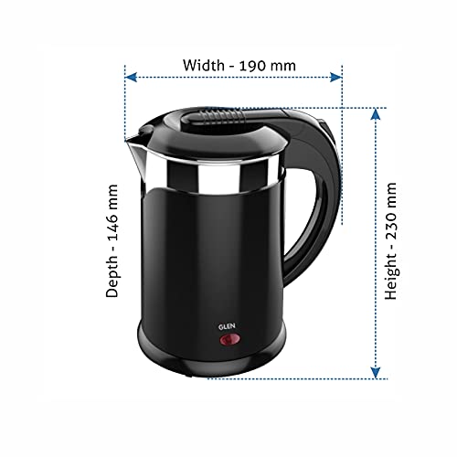 Glen Electric Kettle Plastic Clad Stainless Steel with 360° Rotational Base 1.2 Litre 1350 W - Black (9015 DX) 2 Years Warranty