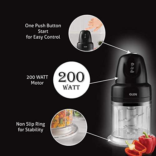 Glen Mini Electric Vegetable Chopper Turbo 500 Ml With 2 Blades 200 Watts (Sa4043Tublk) 2 Years Warranty,Black