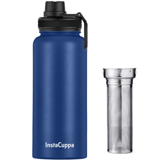 InstaCuppa Insulated Thermos Infuser Water Bottle 550 ML, Stainless Steel Infusion Unit, Detox Recipes eBook,2Lids (Navy Blue)