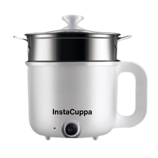 InstaCuppa 3-in-1 Multi Cook Kettle with Steamer, 1.2 L Inner Pot, Adjustable Temperature Settings, Wide Mouth, Ideal for Boiling Milk, Tea, Coffee, Eggs & Steaming Veggies, 600 Watts, Elegant White