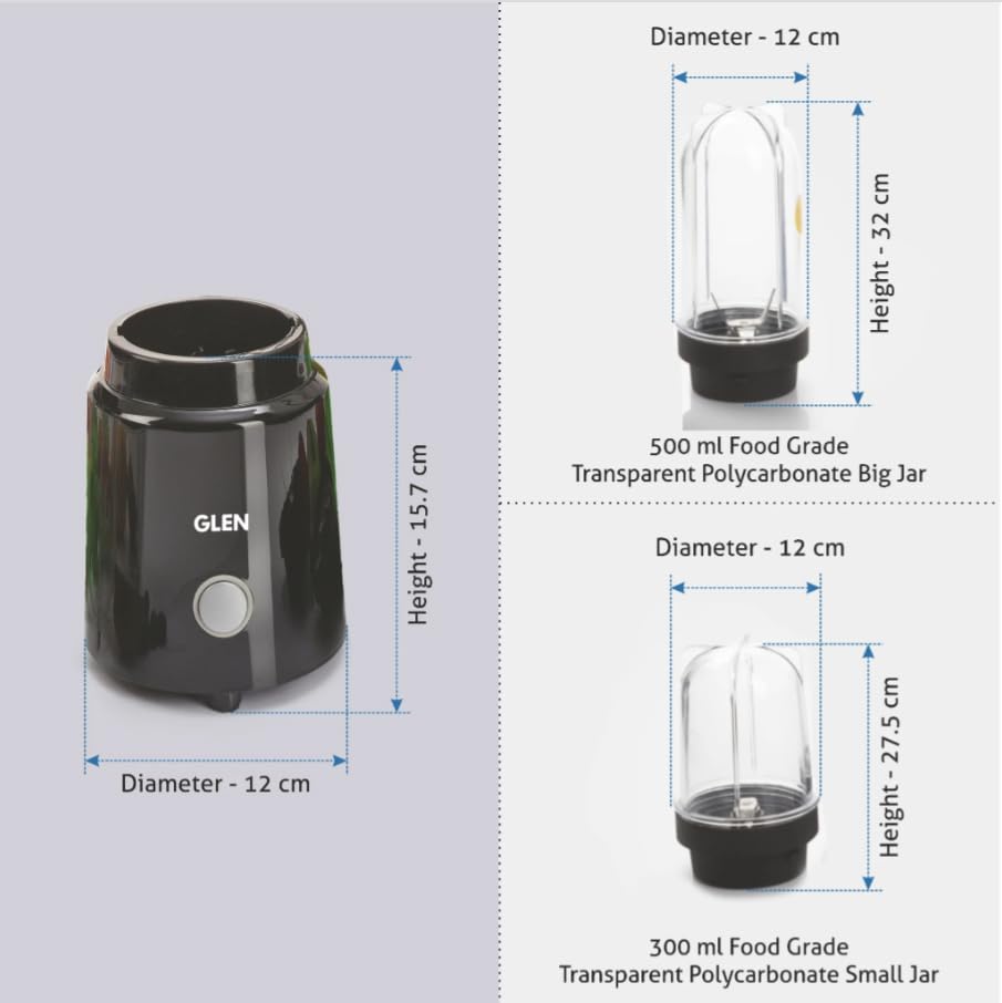 Glen Active Electric Nutri Blender 350 Watt | 2 Interchangeable Jars | Stainless Steel Blades, 2 Years Warranty - Black (Sa4048N), 350 Watt