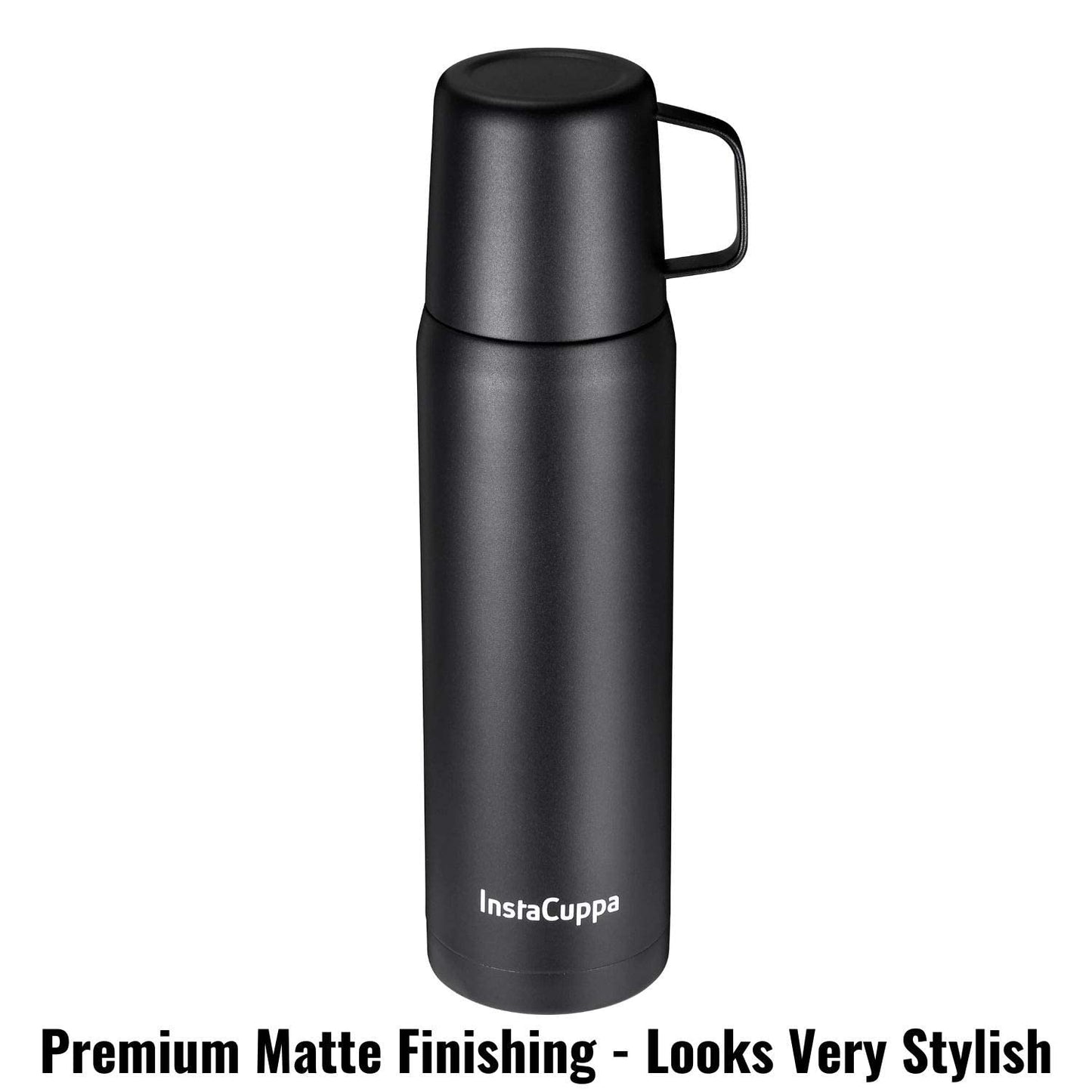 InstaCuppa Thermos Flask with Stainless Steel Mug and Twist Pour Stopper Screw Lid, Double Walled Vacuum Insulated Beverage Bottle, Premium Matte Finishing, (700 ML, Black)