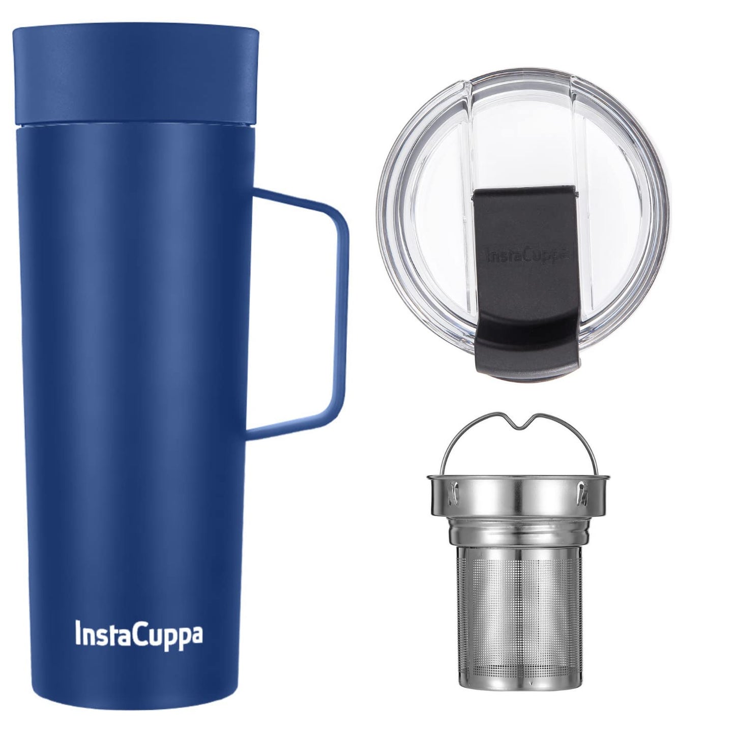 InstaCuppa Vacuum Insulated Coffee, Tea Thermos Travel Mug with Handle, Includes 2 Unique Lids, Stainless Steel Infuser Unit (470 ML + Infuser + 2 Lids, Navy Blue)