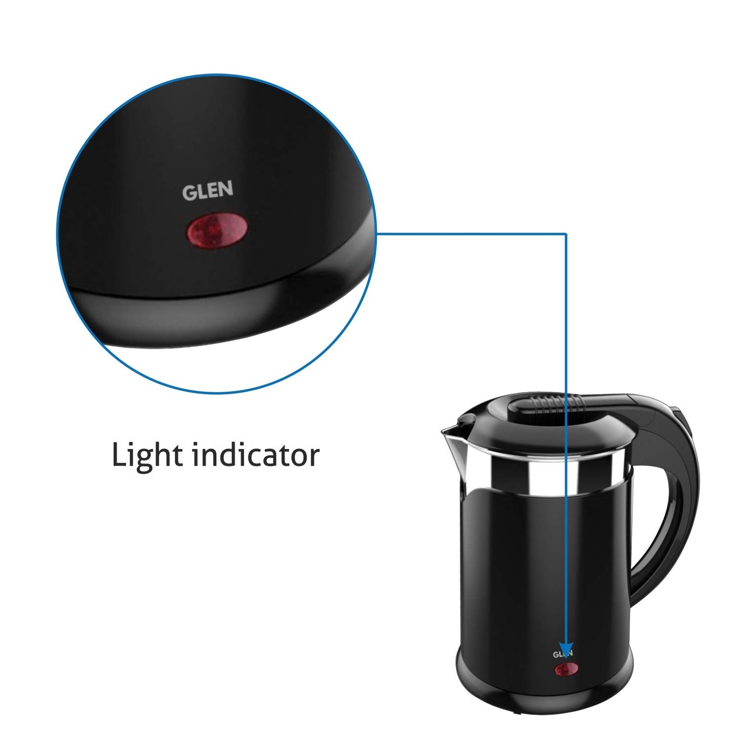 Glen Electric Kettle Plastic Clad Stainless Steel with 360° Rotational Base 1.2 Litre 1350 W - Black (9015 DX) 2 Years Warranty