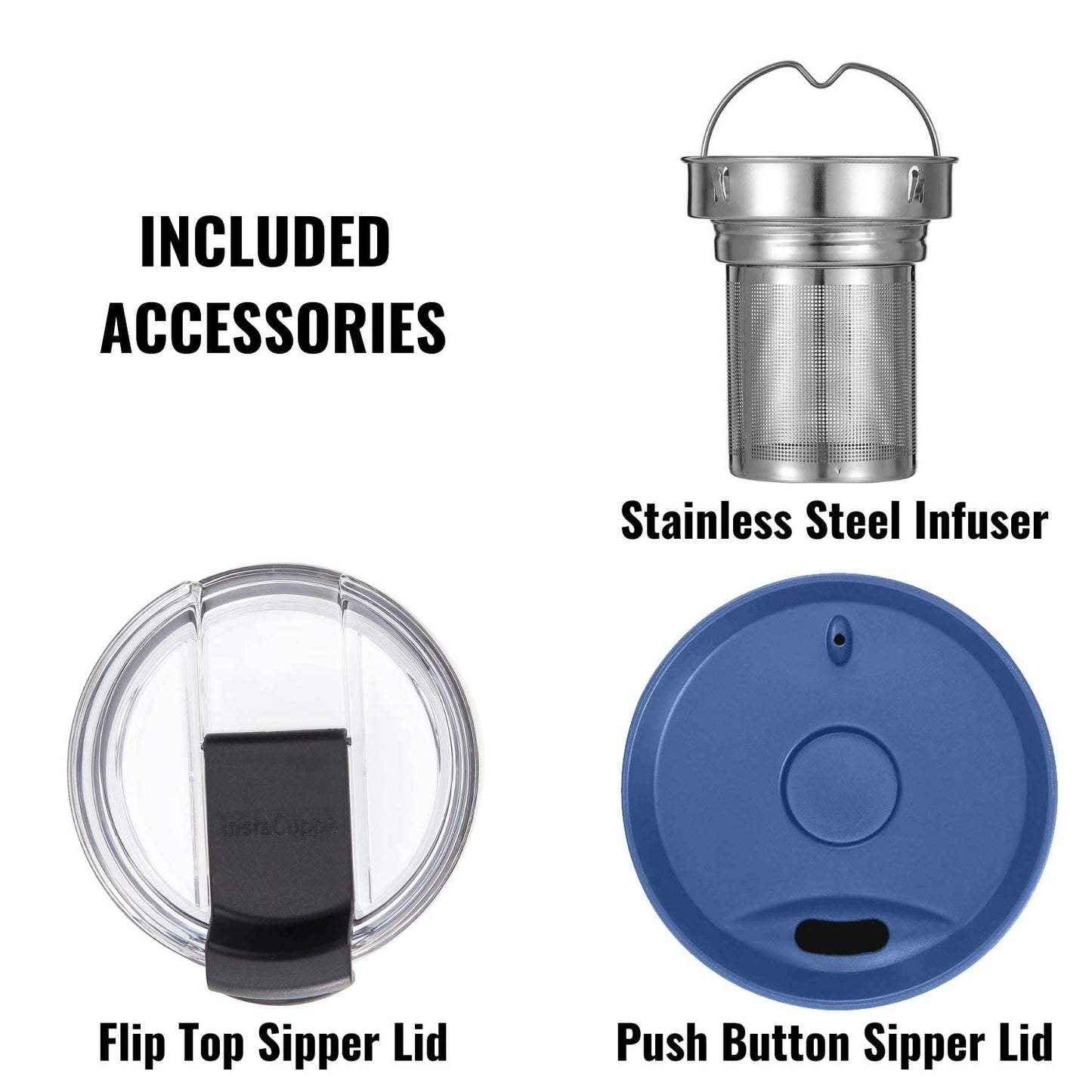 InstaCuppa Vacuum Insulated Coffee, Tea Thermos Travel Mug with Handle, Includes 2 Unique Lids, Stainless Steel Infuser Unit (470 ML + Infuser + 2 Lids, Navy Blue)