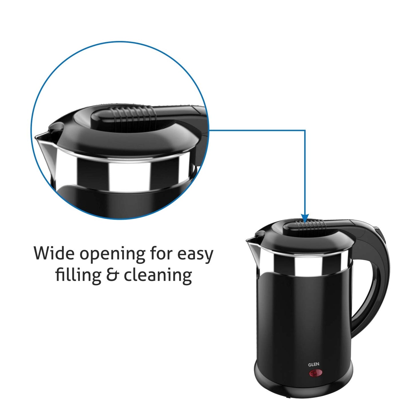 Glen Electric Kettle Plastic Clad Stainless Steel with 360° Rotational Base 1.2 Litre 1350 W - Black (9015 DX) 2 Years Warranty