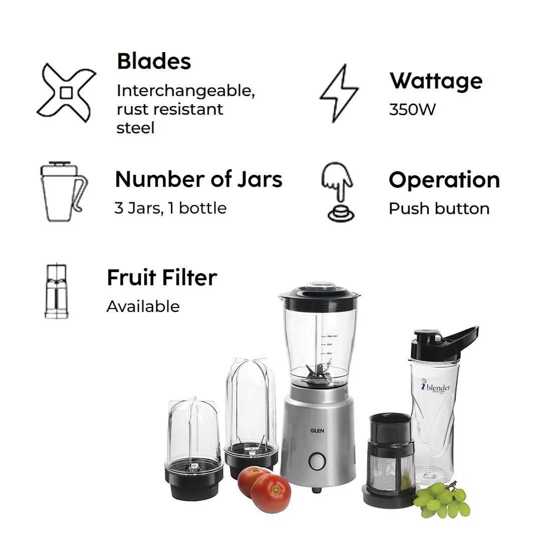 Glen Polycarbonate Multi Function Active Blender 350 Watt With 4 Jar Silver (Sa4048Nmf), 2 Years Warranty, 350 Watt (SA4048MF)