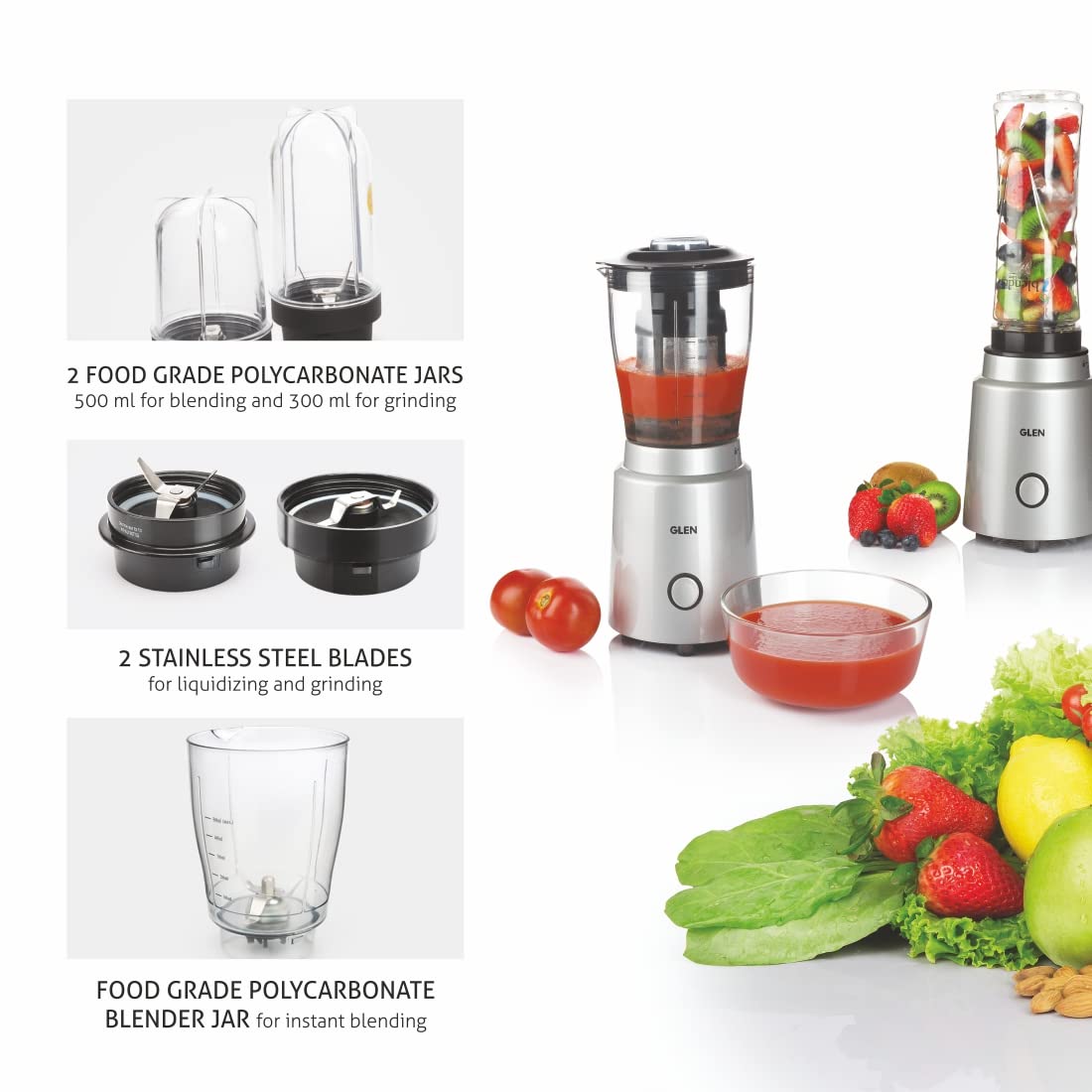 Glen Polycarbonate Multi Function Active Blender 350 Watt With 4 Jar Silver (Sa4048Nmf), 2 Years Warranty, 350 Watt (SA4048MF)