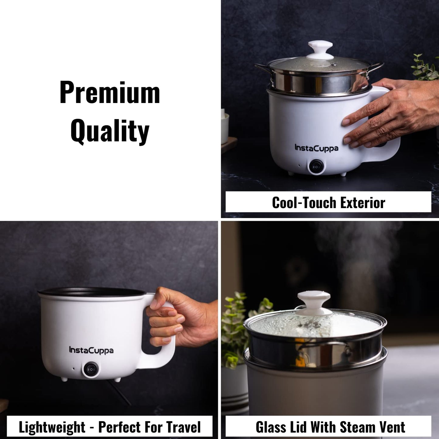 InstaCuppa Stainless Steel 3-In-1 1.2Liter Multi Cook Kettle With Steamer,Non-Stick Inner Pot,Adjustable Temperature,Ideal For Boiling Milk,Tea,Coffee,Eggs&Steaming Veggies,600 Watts,Elegant White