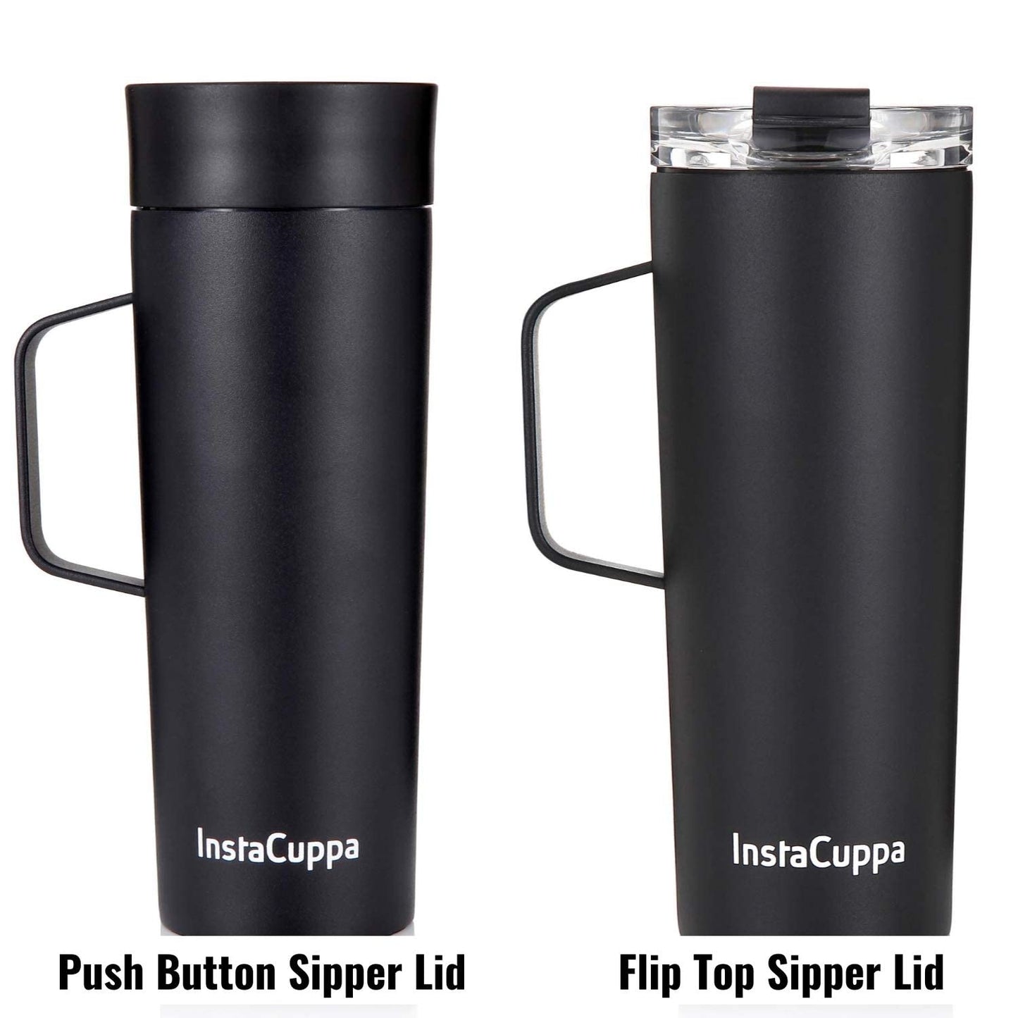 InstaCuppa Vacuum Insulated Coffee, Tea Thermos Travel Mug with Handle, Includes 2 Unique Lids, Stainless Steel Infuser Unit (470 ML + Infuser + 2 Lids, Navy Blue)