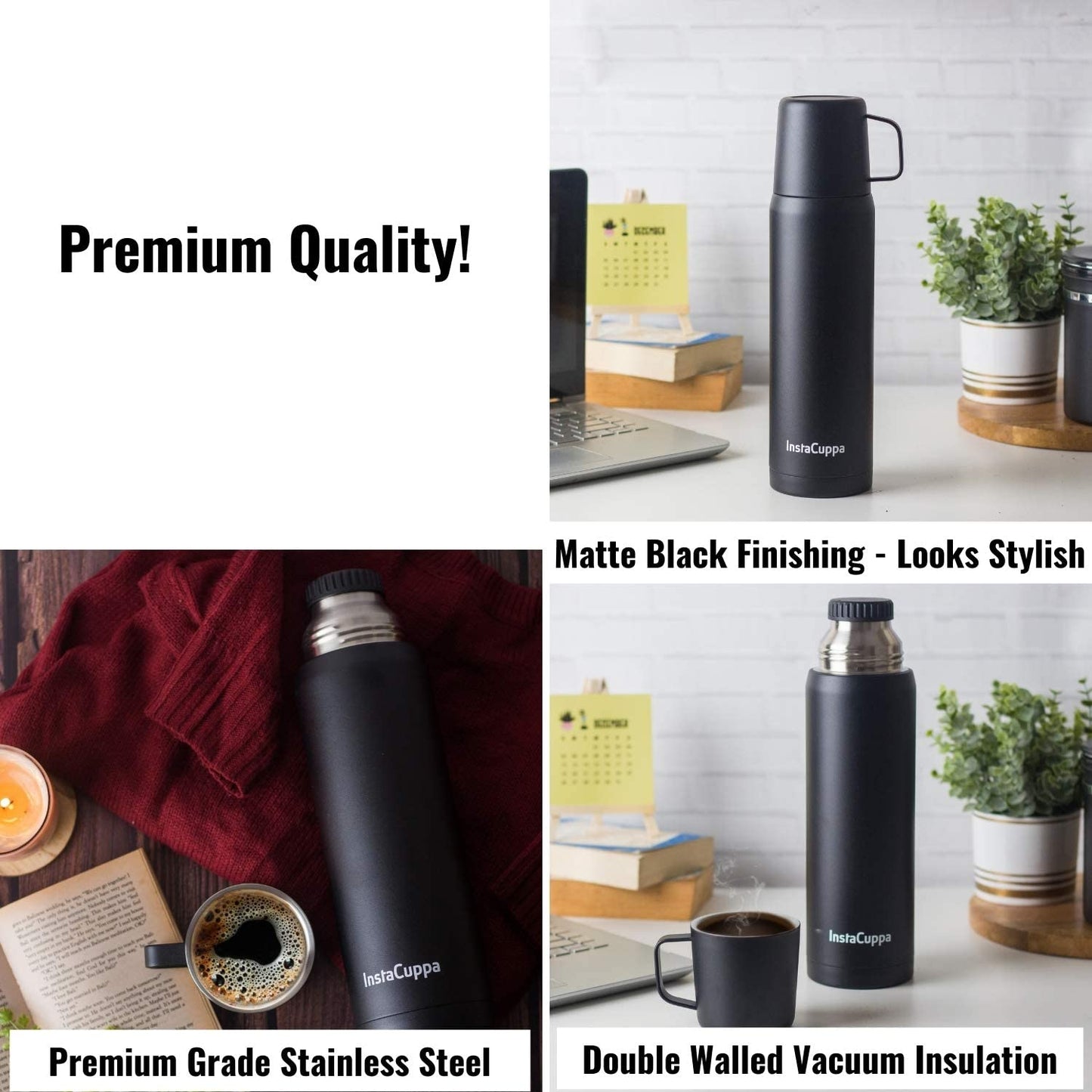 InstaCuppa Thermos Flask with Stainless Steel Mug and Twist Pour Stopper Screw Lid, Double Walled Vacuum Insulated Beverage Bottle, Premium Matte Finishing, (700 ML, Black)