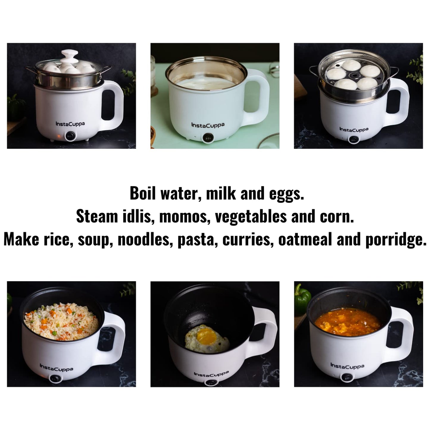 InstaCuppa Stainless Steel 3-In-1 1.2Liter Multi Cook Kettle With Steamer,Non-Stick Inner Pot,Adjustable Temperature,Ideal For Boiling Milk,Tea,Coffee,Eggs&Steaming Veggies,600 Watts,Elegant White