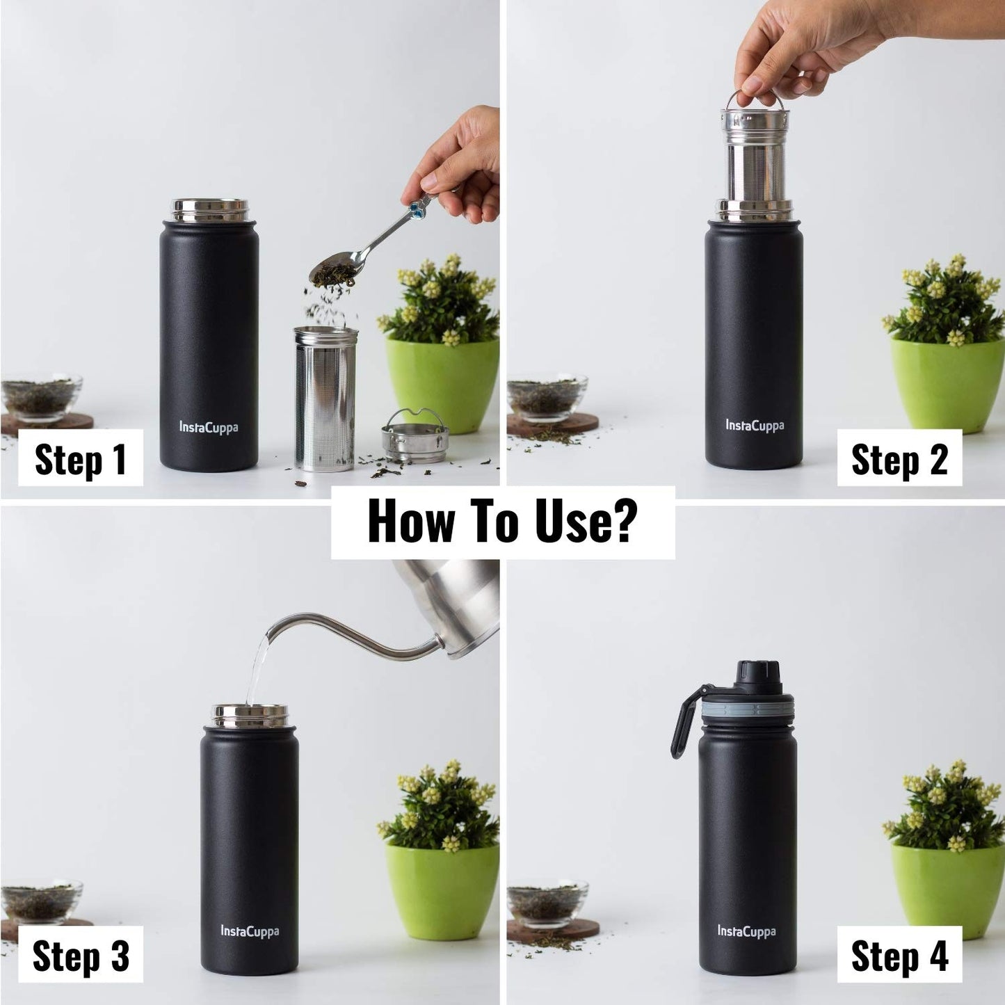 InstaCuppa Thermos Green Tea Infuser Bottle 650 ML with Removable Stainless Steel Filter