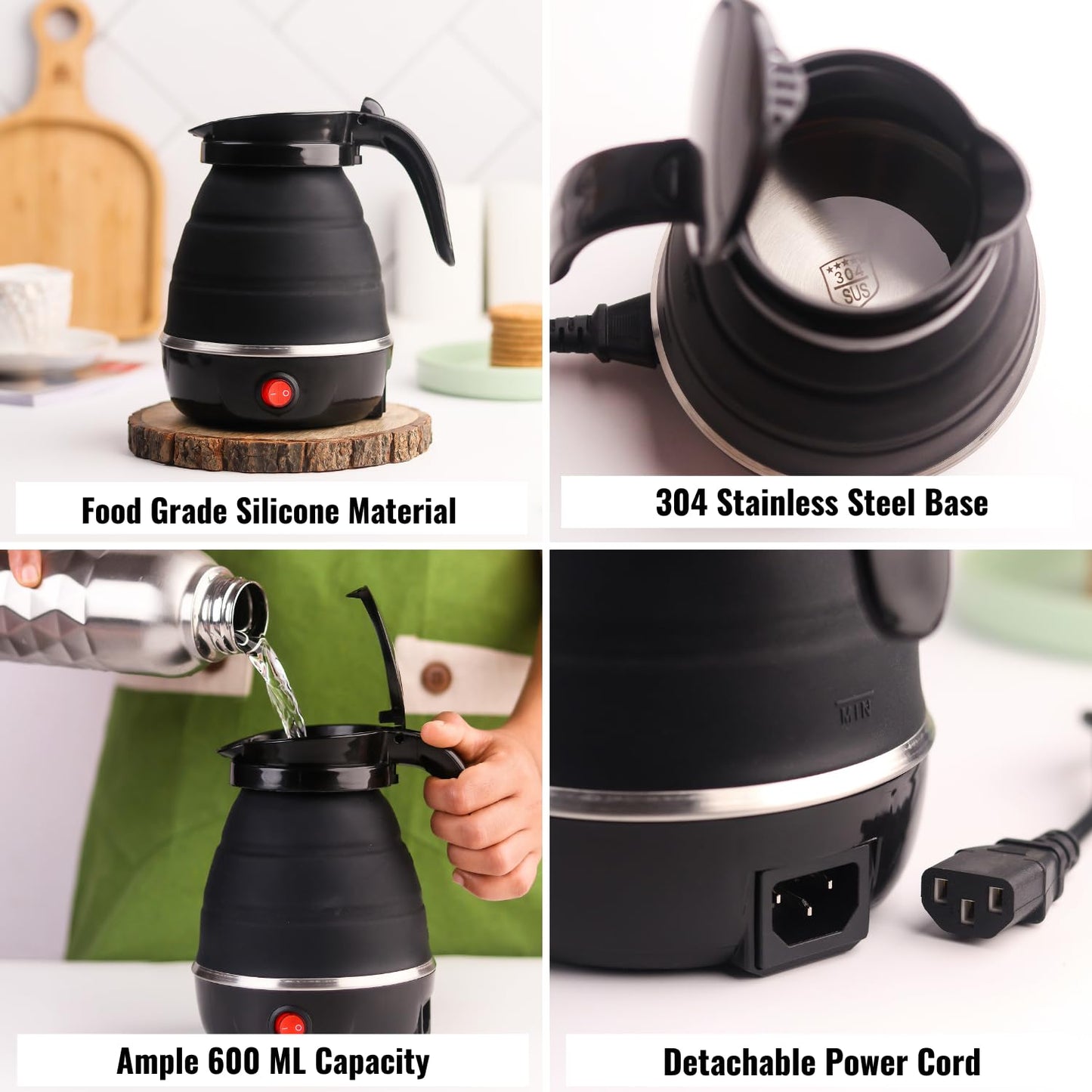 InstaCuppa Foldable Silicone Electric Kettle, 600 Ml,600 Watts,Travel Kettle, Fast Boiling, Food Grade Silicone, Collapsible Kettle, Portable, Boil Dry Protection For Travel, Home, & Office, Black