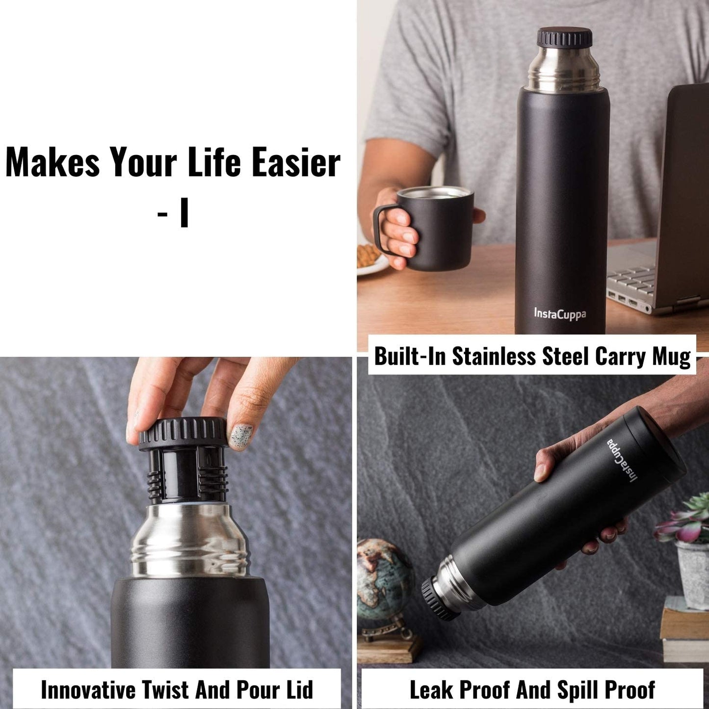 InstaCuppa Thermos Flask with Stainless Steel Mug and Twist Pour Stopper Screw Lid, Double Walled Vacuum Insulated Beverage Bottle, Premium Matte Finishing, (700 ML, Black)