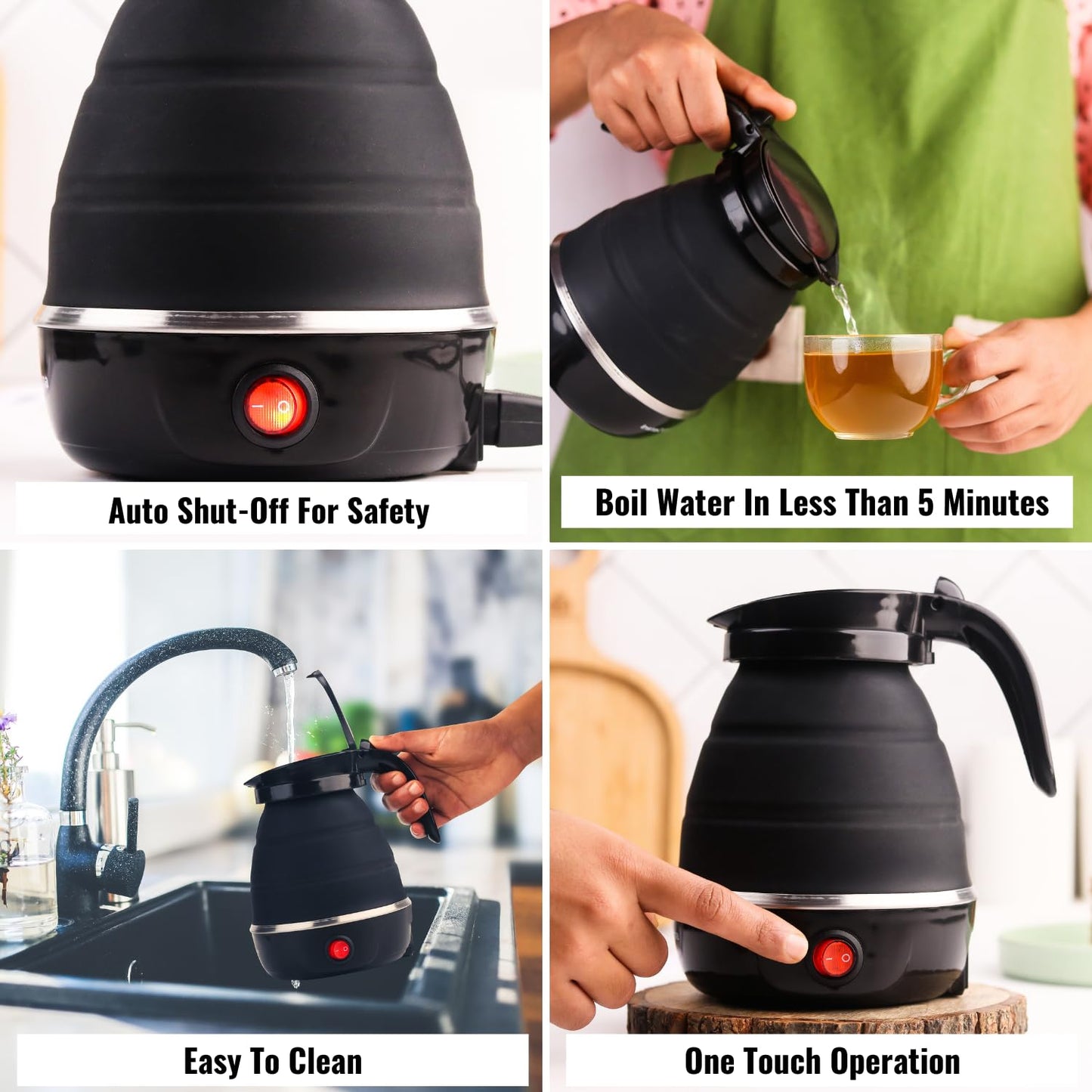 InstaCuppa Foldable Silicone Electric Kettle, 600 Ml,600 Watts,Travel Kettle, Fast Boiling, Food Grade Silicone, Collapsible Kettle, Portable, Boil Dry Protection For Travel, Home, & Office, Black