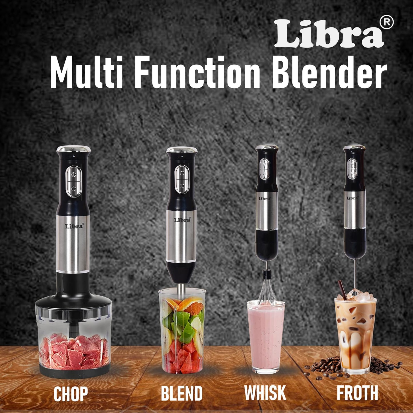 Libra 1200 Watts Electric Hand Blender for kitchen | Multipurpose Hand Blender with Milk Frother, Chopper, Whisker & Multipurpose Jar | Variable Speed and Turbo Function | 1 Year warranty