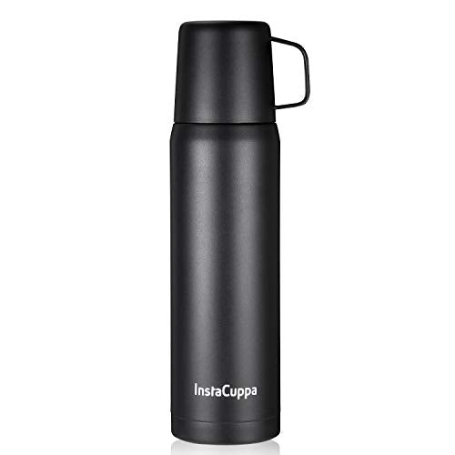 InstaCuppa Thermos Flask with Stainless Steel Mug and Twist Pour Stopper Screw Lid, Double Walled Vacuum Insulated Beverage Bottle, Premium Matte Finishing, 1000 ML, Black