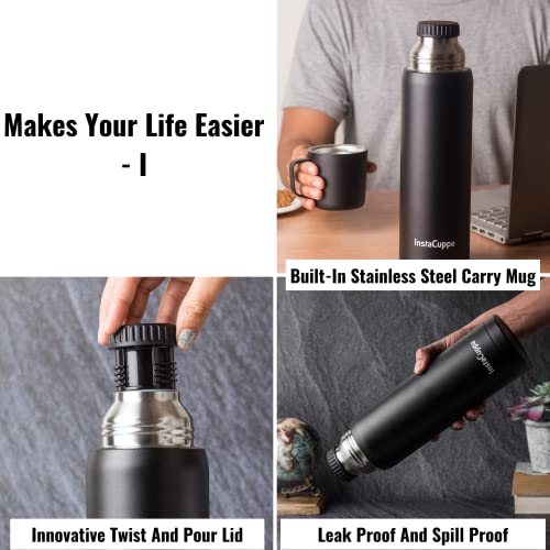 InstaCuppa Thermos Flask with Stainless Steel Mug and Twist Pour Stopper Screw Lid, Double Walled Vacuum Insulated Beverage Bottle, Premium Matte Finishing, 1000 ML, Black