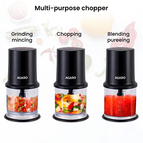 AGARO Electric Chopper, 400 Watts, Vegetable Chopper, Cutter, 100% Pure Copper Motor, Chop, Mince, Puree, Dice, Twin Stainless Steel Blade, 500 Ml, One Touch Operation, Elegant, Black