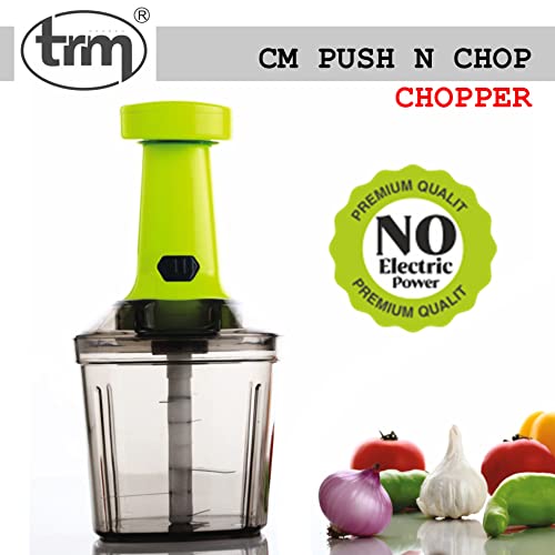 TRM 1000 ML Push N Chop Chopper, Kitchen Appliance with 6 Stainless Steel Blades Anti Skid Base Plastic Container & Manual Hand Press for Chopping Fruits Vegetables Onions Tomatoes & Spices (Green)