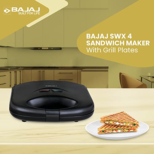 Bajaj SWX 4 Deluxe 800-Watt 2-Slice Grill Sandwich Maker | Non-Stick Coated Plates for Easy-to-Clean | Upright Compact Storage | Buckle Clips Lock | 2-Yr Warranty by Bajaj | Black Sandwich Toaster