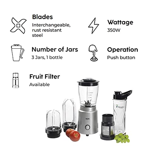 Glen Polycarbonate Multi Function Active Blender 350 Watt With 4 Jar Silver (Sa4048Nmf), 2 Years Warranty, 350 Watt