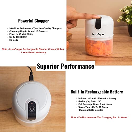 InstaCuppa Rechargeable Mini Electric Chopper - Stainless Steel Blades, One Touch Operation, for Mincing Garlic, Ginger, Onion, Vegetable, Meat, Nuts, (White, 250 ML, Pack of 1, 45 Watts)