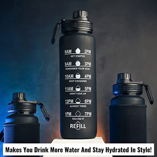 InstaCuppa Sipper Water Bottle with Motivational Time Markings, Neoprene Sleeve, Cleaning Brush, Protein Shaker Ball, BPA Free PCTG Plastic, 1 Liter (Black)