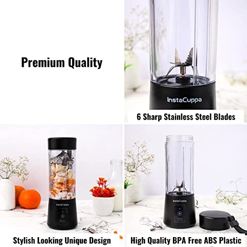 InstaCuppa Portable Blender for Smoothie, Milk Shakes, Crushing Ice & Juices, USB Rechargeable Blender Machine for Kitchen with 2000 mAh Battery, 150 Watts Motor, 400 ML, built-in Jar, Black, Plastic