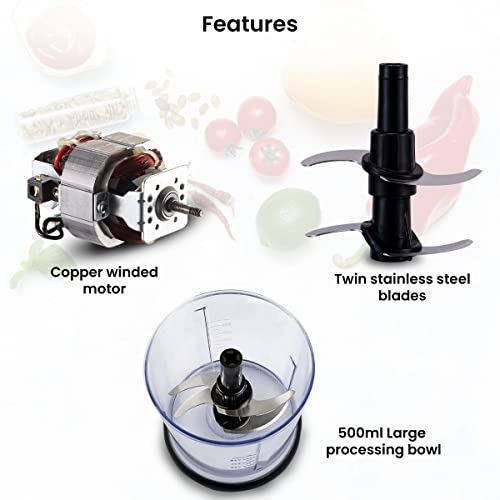 AGARO Electric Chopper, 400 Watts, Vegetable Chopper, Cutter, 100% Pure Copper Motor, Chop, Mince, Puree, Dice, Twin Stainless Steel Blade, 500 Ml, One Touch Operation, Elegant, Black