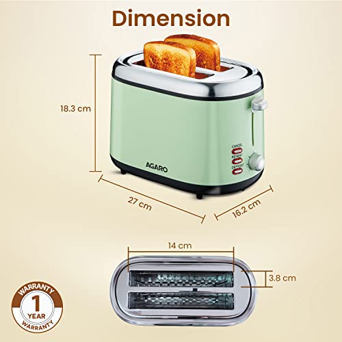 AGARO Royal 2 Slice Stainless Steel Pop Up Toaster, With Cancel, Reheat And Defrost Functions, Variable Heat Settings, Removable Crumb Tray,Bread, Breakfast, 850 Watts