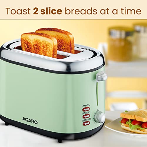 AGARO Royal 2 Slice Stainless Steel Pop Up Toaster, With Cancel, Reheat And Defrost Functions, Variable Heat Settings, Removable Crumb Tray,Bread, Breakfast, 850 Watts