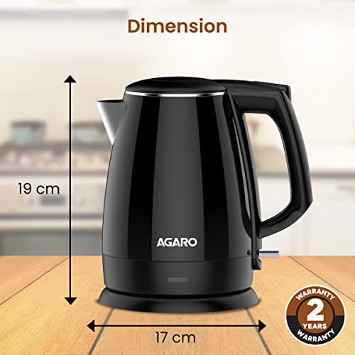 AGARO Royal Double Layered Kettle, 1.5 Litres, Double Layered Cool Touch, Dry Boiling Protection, Black