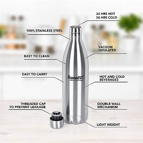 Sumeet Stainless Steel Double Walled Vacuum Flask/Water Bottle, 24 Hours Hot and Cold, 1000 ml, Silver