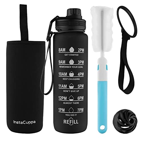 InstaCuppa Sipper Water Bottle with Motivational Time Markings, Neoprene Sleeve, Cleaning Brush, Protein Shaker Ball, BPA Free PCTG Plastic, 1 Liter (Black)