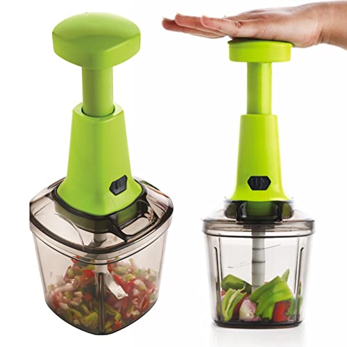 TRM 1000 ML Push N Chop Chopper, Kitchen Appliance with 6 Stainless Steel Blades Anti Skid Base Plastic Container & Manual Hand Press for Chopping Fruits Vegetables Onions Tomatoes & Spices (Green)