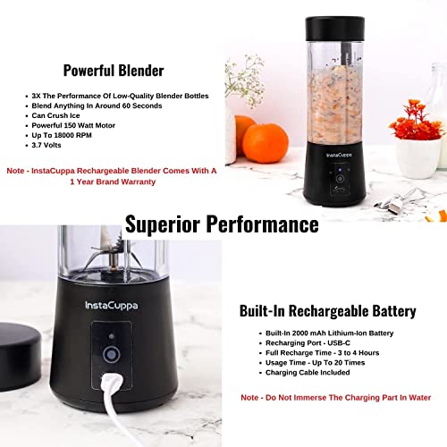 InstaCuppa Portable Blender for Smoothie, Milk Shakes, Crushing Ice & Juices, USB Rechargeable Blender Machine for Kitchen with 2000 mAh Battery, 150 Watts Motor, 400 ML, built-in Jar, Black, Plastic